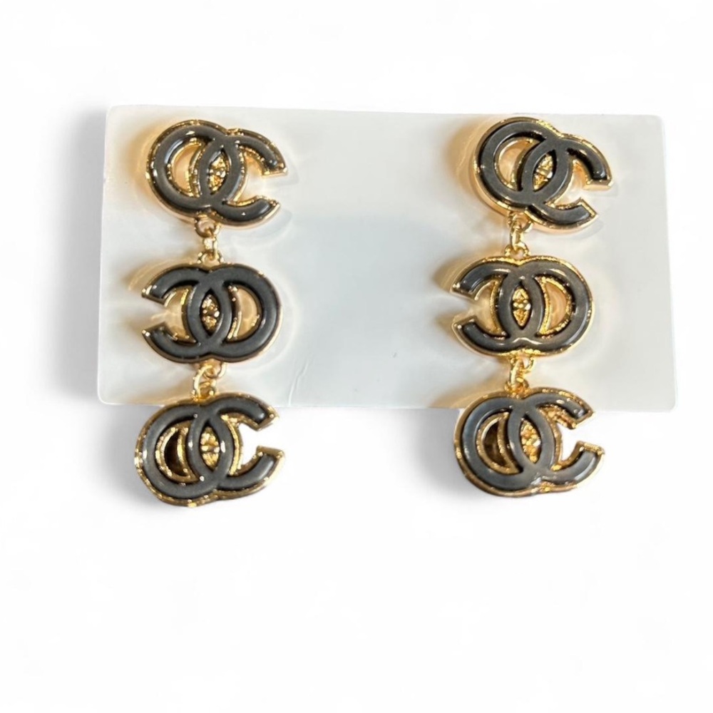 Gold and Black Designer Logo Earrings